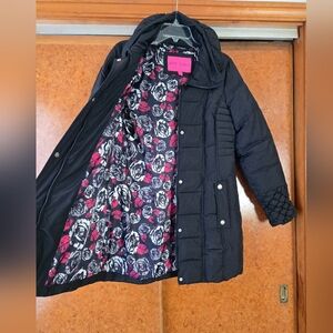 Betsey Johnson Black Quilted Puffer Coat with Floral Lining